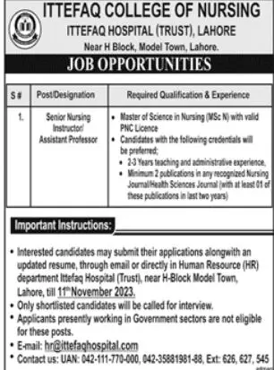 Ittefaq College of Nursing Lahore Jobs 2023 – Ittefaq Recruiting Agency Jobs 2023 — original advertisement