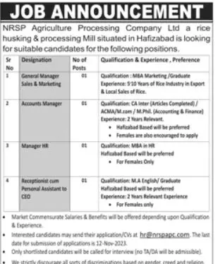 Nrsp Agriculture Processing Company Jobs – Private Company Jobs 2023 — original advertisement