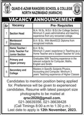 Quaid E Azam Rangers School North Nizamabad Jobs 2023 – Quaid E Azam Rangers School and College Jobs 2023 — original advertisement