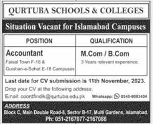 Qurtba School and Coleges Islamabad Campus Jobs – Qurtuba Schools & Colleges Jobs 2023 — original advertisement