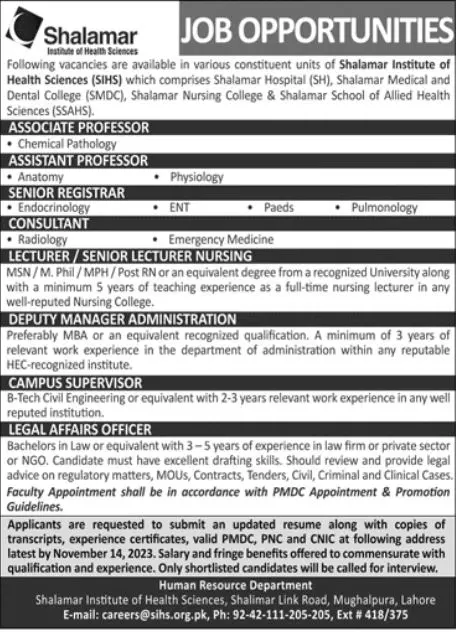 Shalamar Institute of Health Sciences Shs Jobs Jobs 2023 — original advertisement