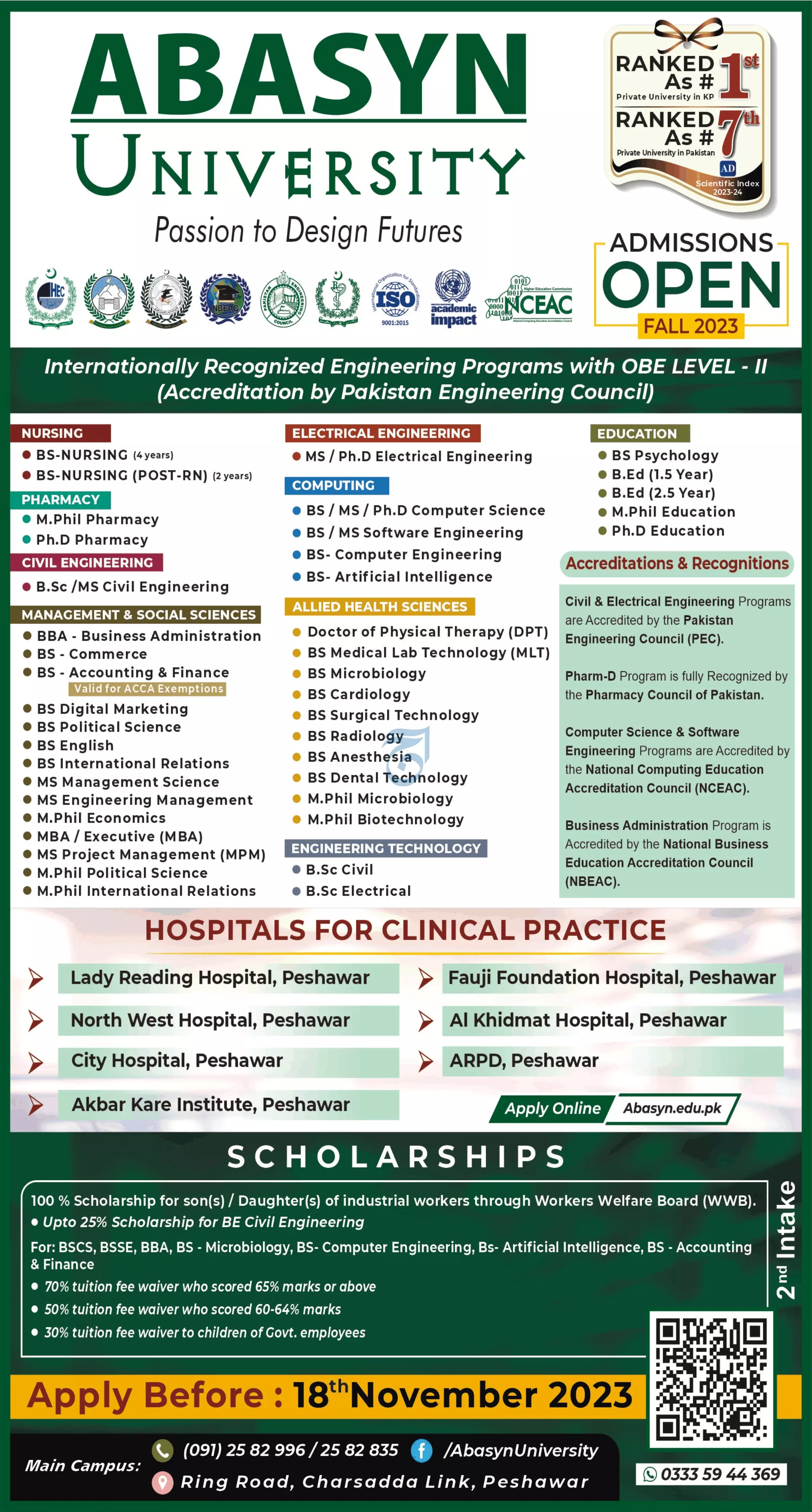 Abasyn University Peshawar Admissions 2023 Admissions 2023 — original advertisement