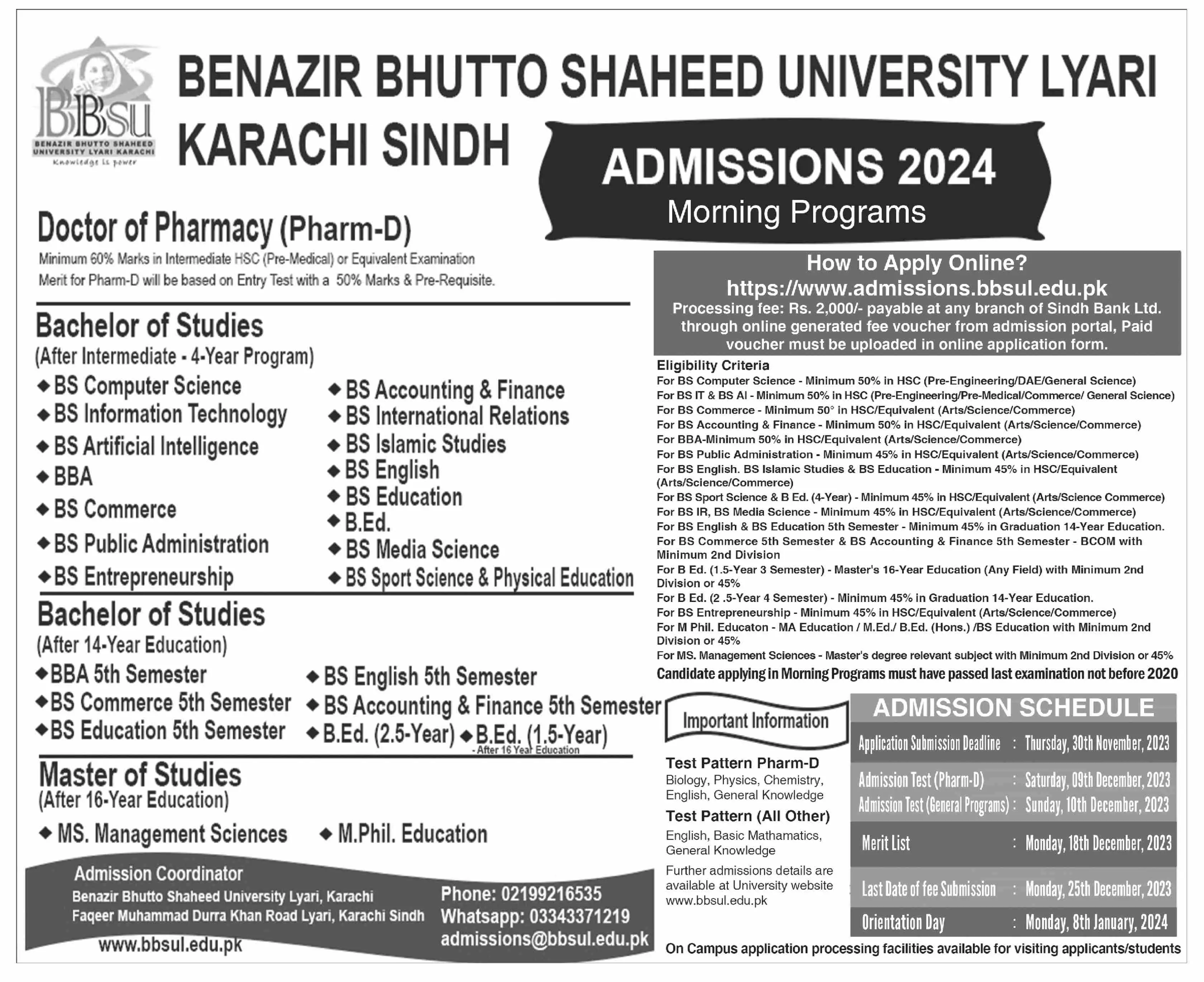 Benazir Bhutto Shaheed University Lyari Admissions 2024 Admissions 2023 — original advertisement