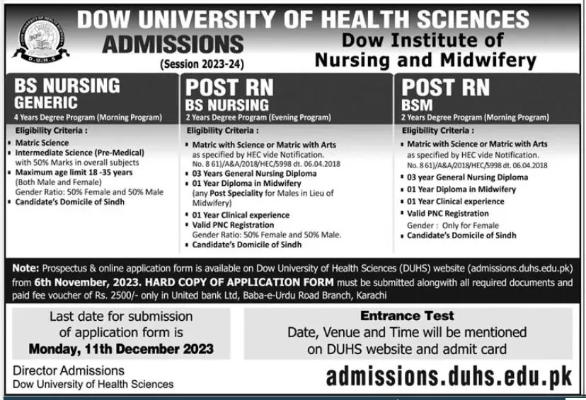 Dow University of Health Science Karachi Admissions 2023 – Dow University of Health Sciences Karachi Admissions 2023 — original advertisement