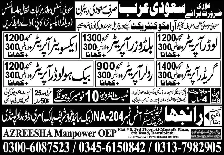 Loader Operator And Excavator Operator Jobs In Saudi Arabia – Ranjha Trade Test & Training Center Jobs 2023 — original advertisement