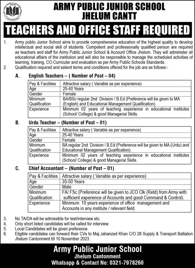 Army Public School Jhelum Cantt Punjab Job 2023 – Pakistan Army Jobs 2023 — original advertisement