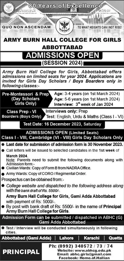 Army Burn Hall College For Girls Abbattobad Admissions – Pakistan Army Admissions 2023 — original advertisement