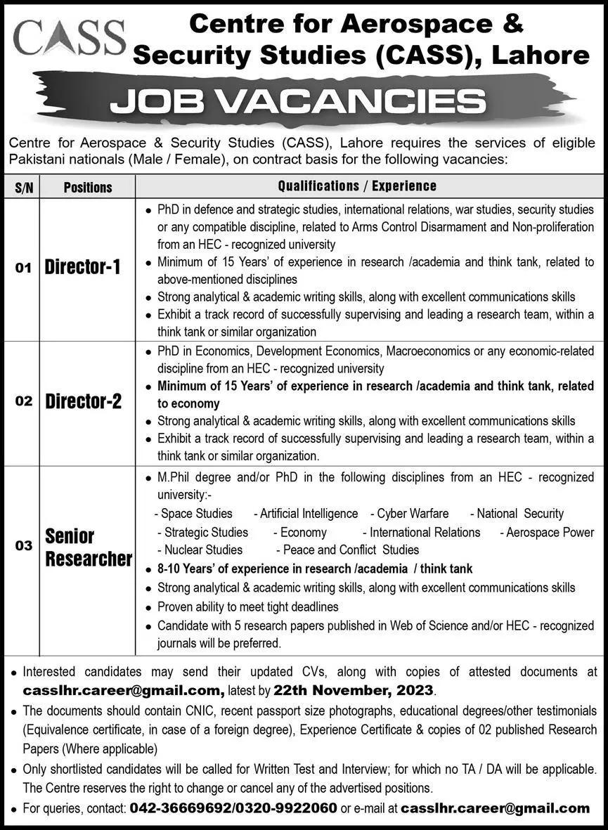 Centre Of Aerospace & Security Studies Lahore Jobs 2023 – Centre For Aerospace & Security Studies CASS Jobs 2023 — original advertisement
