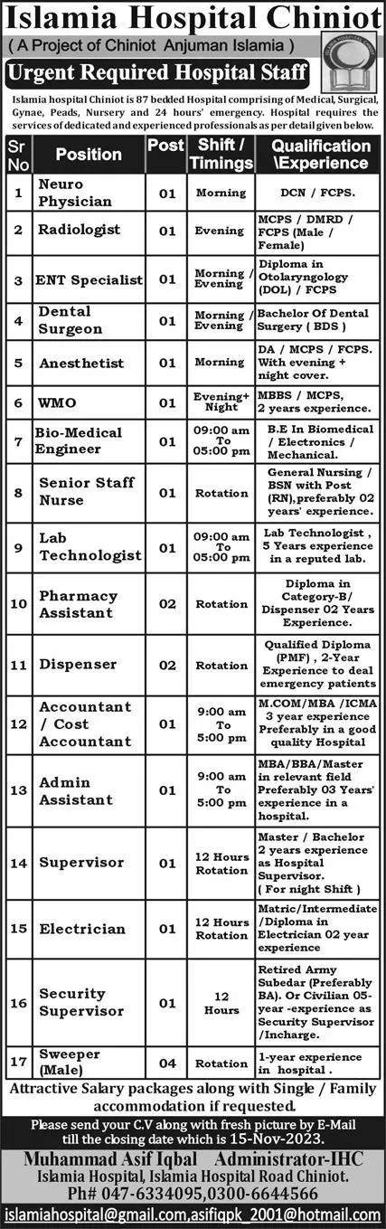 Islamia Hospital Chinot Punjab Jobs 2023 – Islamia Hospital Chiniot Jobs 2023 — original advertisement