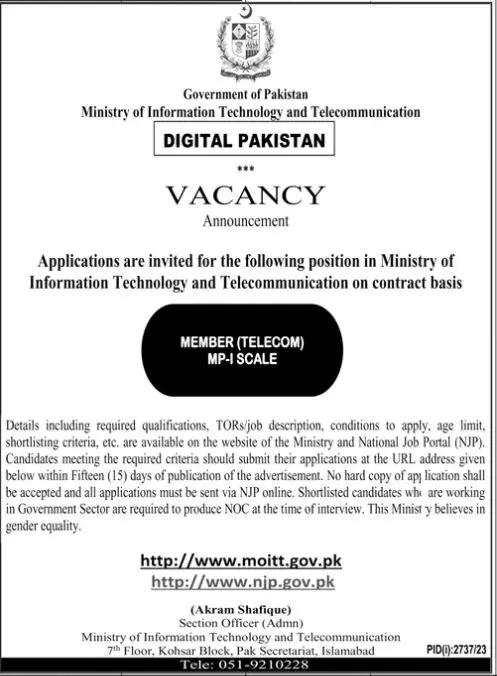 Ministry Of Information Technology & Telecommunication Job – Ministry of Information Technology and Telecommunication Jobs 2023 — original advertisement