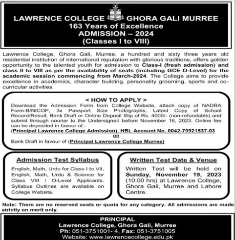 Lawrence College Ghora Gali Murree Admissions 2023 Admissions 2023 — original advertisement