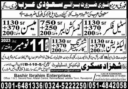 Construction Labor & Electrician Jobs 2023 In Saudi Arabia – Shahzad Askari Technical Institute Jobs 2023 — original advertisement