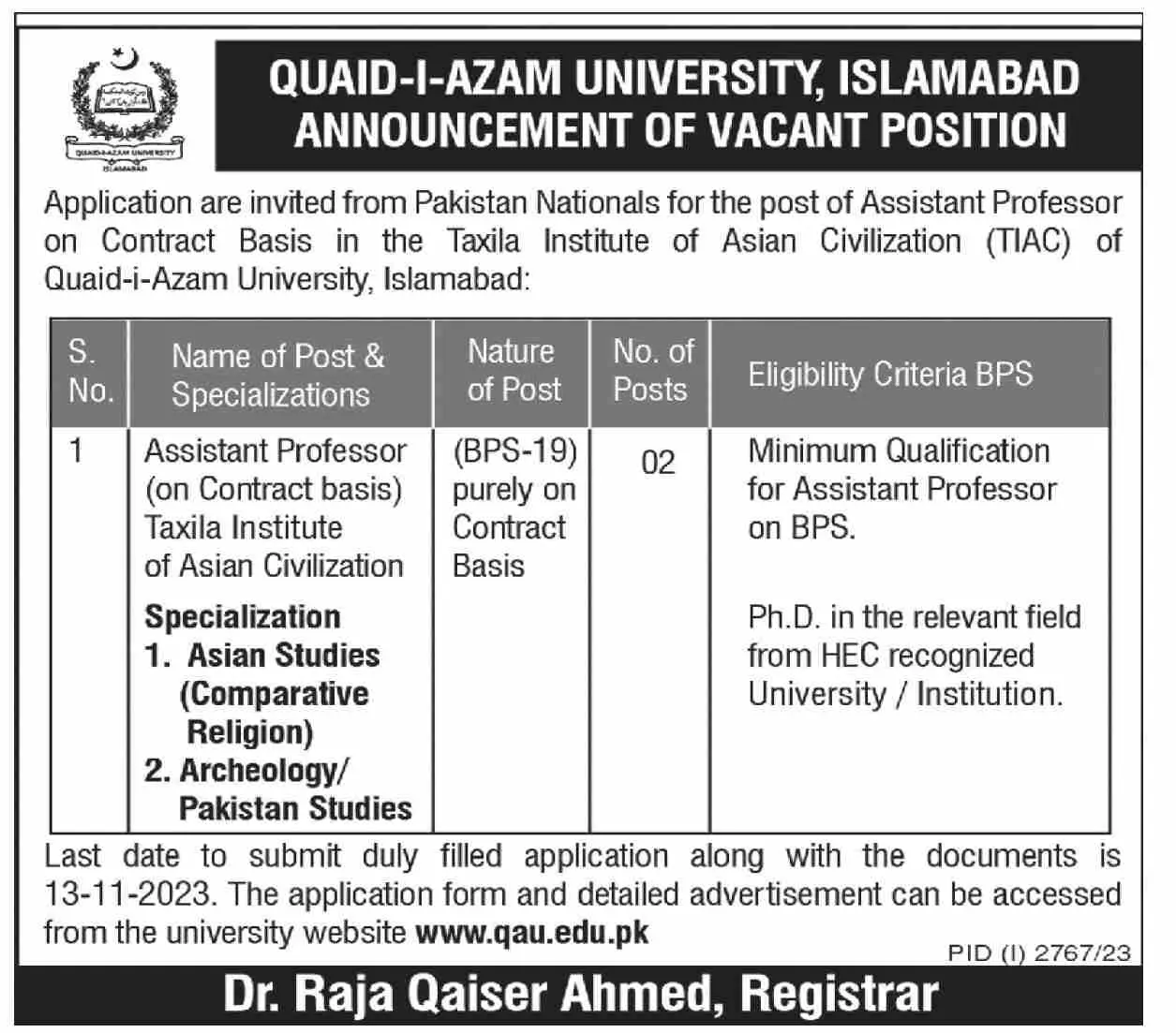 Quaid I Azam University Islamabad Jobs 2023 – Quaid-i-Azam University, Islamabad , Pakistan Jobs 2023 — original advertisement