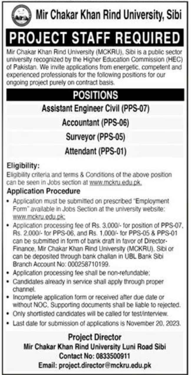 Mir Chakar Khan Rind University Sibi Balochistan Jobs 2023 Jobs 2023 — original advertisement