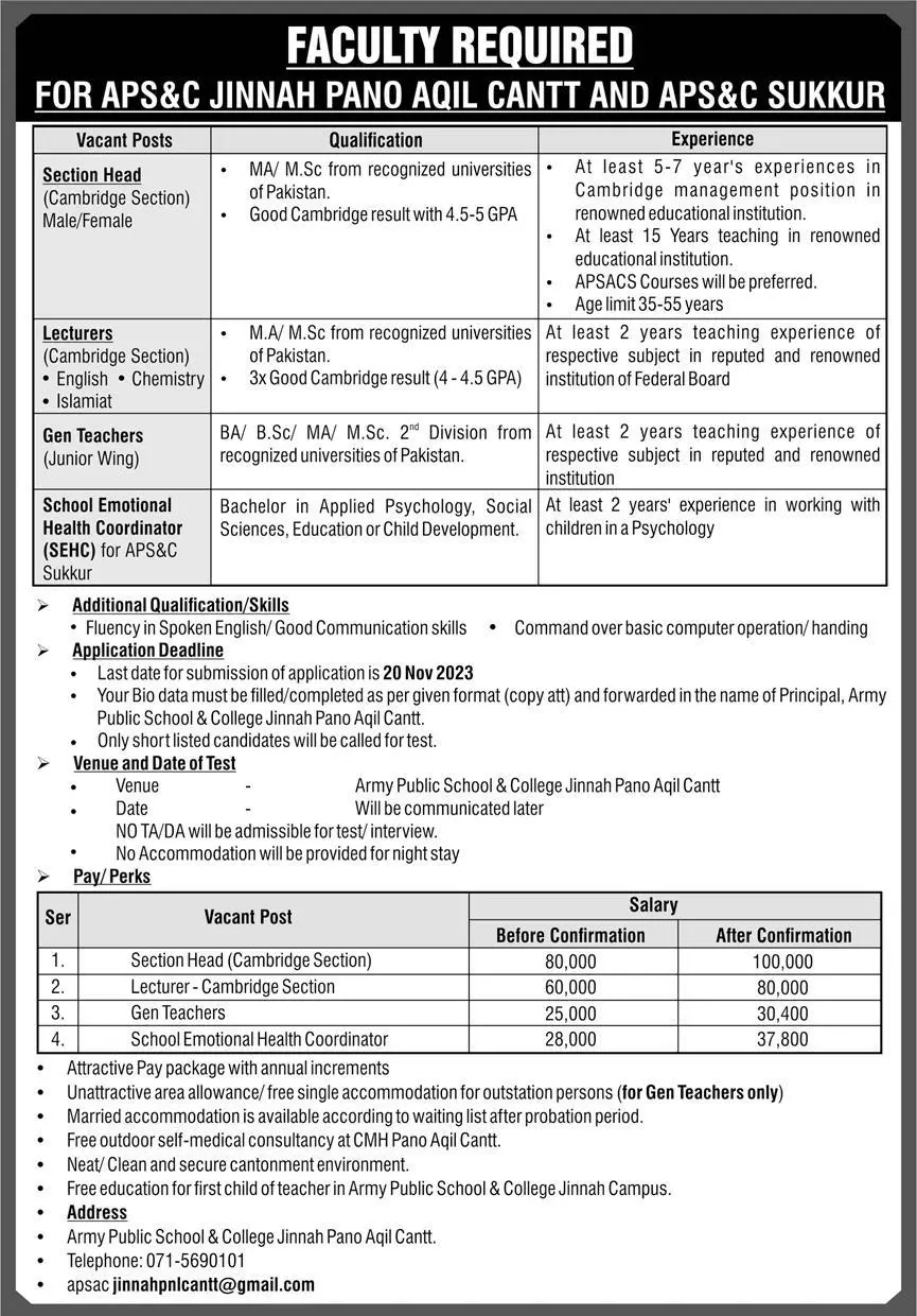 Army Public School & College APS&C Pano Aqil Jobs 2023 – Army Public School & College Paksitan Jobs 2023 — original advertisement