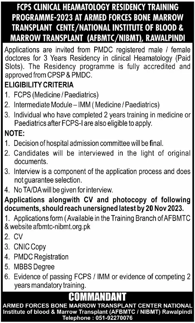 Armed Forces Bone Marrow Transplant Centre Rawalpindi Jobs – Pakistan Army Jobs 2023 — original advertisement