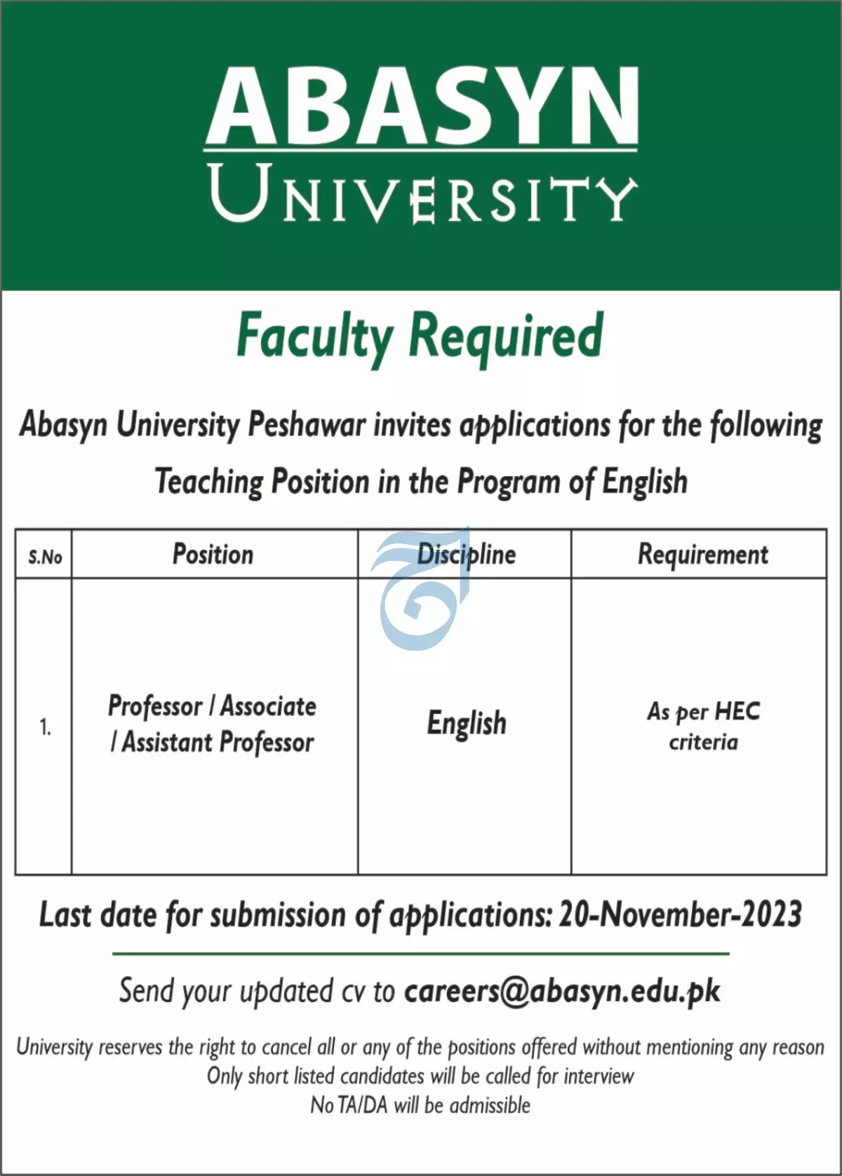 Abasyn University Peshawar Jobs 2023 Jobs 2023 — original advertisement