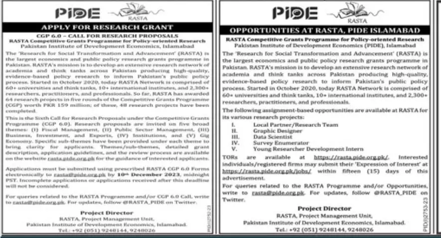 Pakistan Institute of Development Economics Islamabad Jobs – Pakistan Institute of Development Economics (PIDE) Jobs 2023 — original advertisement