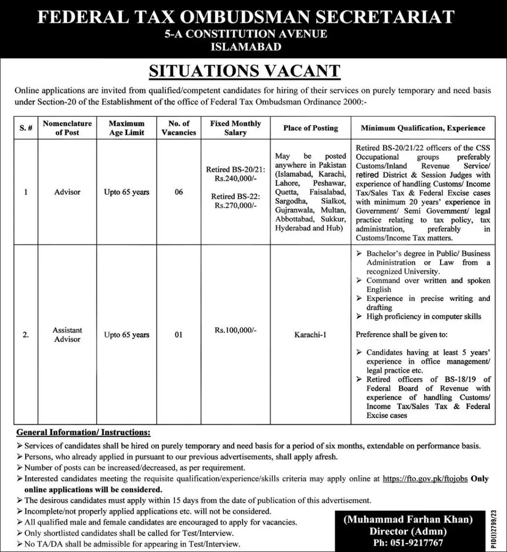 Federal Tax Ombudsman Secretariat Islamabad Jobs 2023 – Federal Tax Ombudsman Secretariat Pakistan Islamabad Jobs 2023 — original advertisement