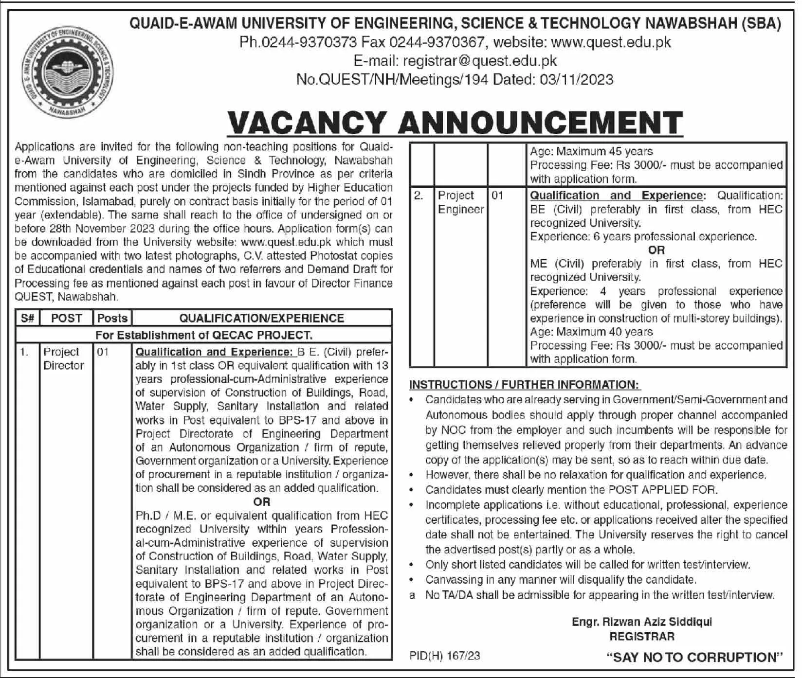Quaid E Awam University Of Engineering Nawabshah Jobs 2023 – Quaid E Awam University Nawabshah Jobs 2023 — original advertisement