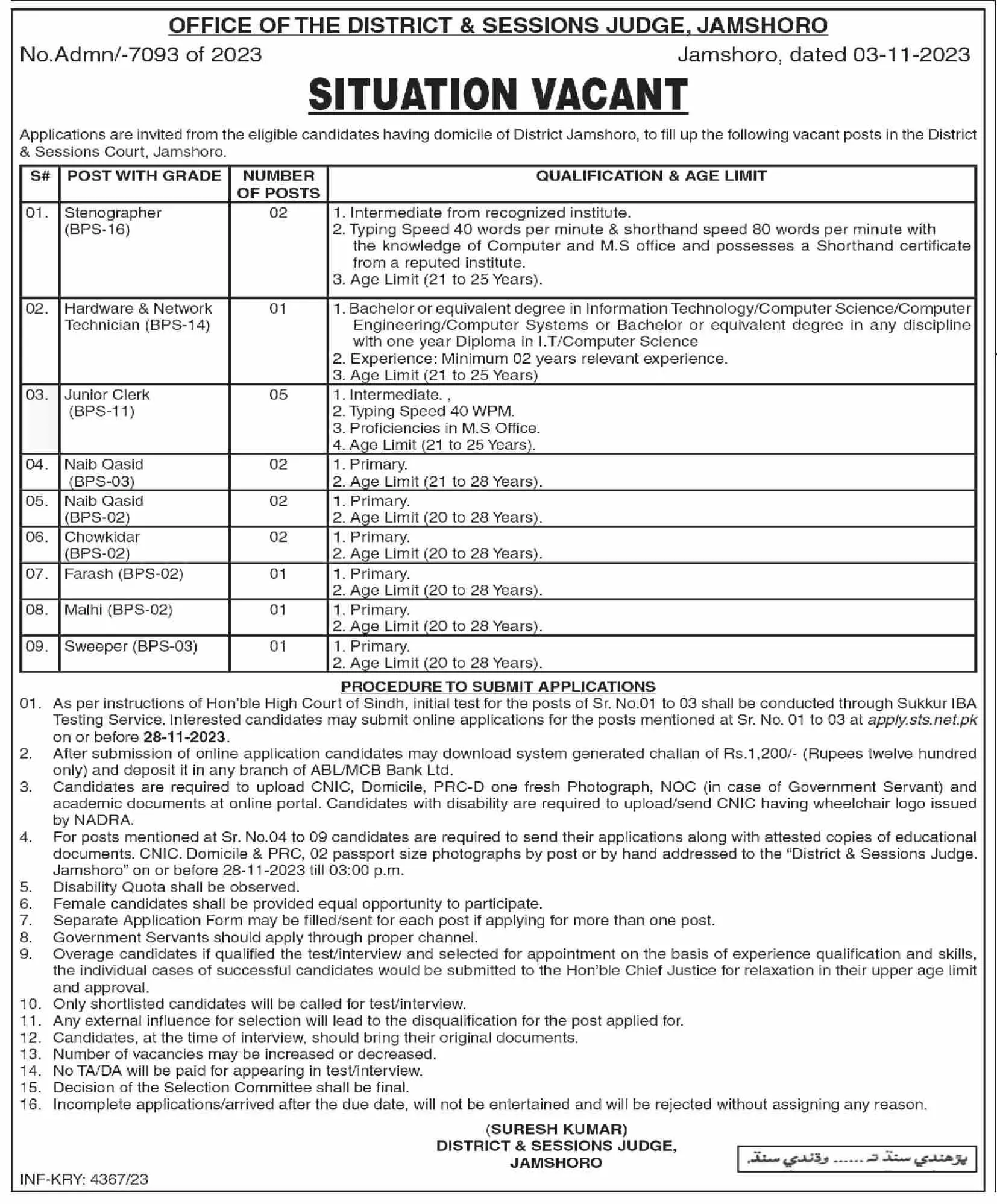 District & Session Judge Jamshoro Sindh Jobs 2023 Jobs 2023 — original advertisement