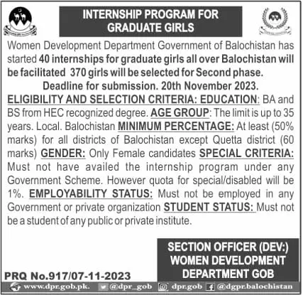 Internship Program Women Development department Balochistan Jobs 2023 — original advertisement