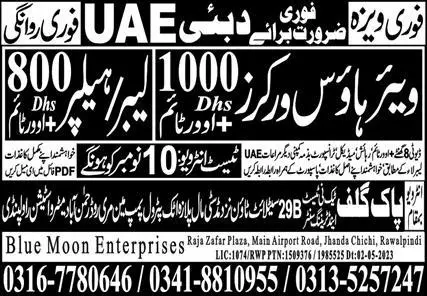Warehouse Worker & Labor Jobs In Dubai UAE – Blue Moon Enterprises Jobs 2023 — original advertisement