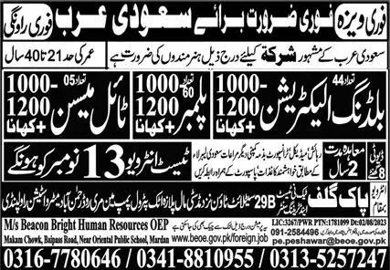 Building Electrician & Plumber Jobs In Saudi Arabia – Beacon Bright Human Resources Jobs 2023 — original advertisement