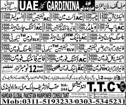 Electrician Plumber & AC Docket Man Jobs In UAE 2023 – TTC International Jobs 2023 — original advertisement