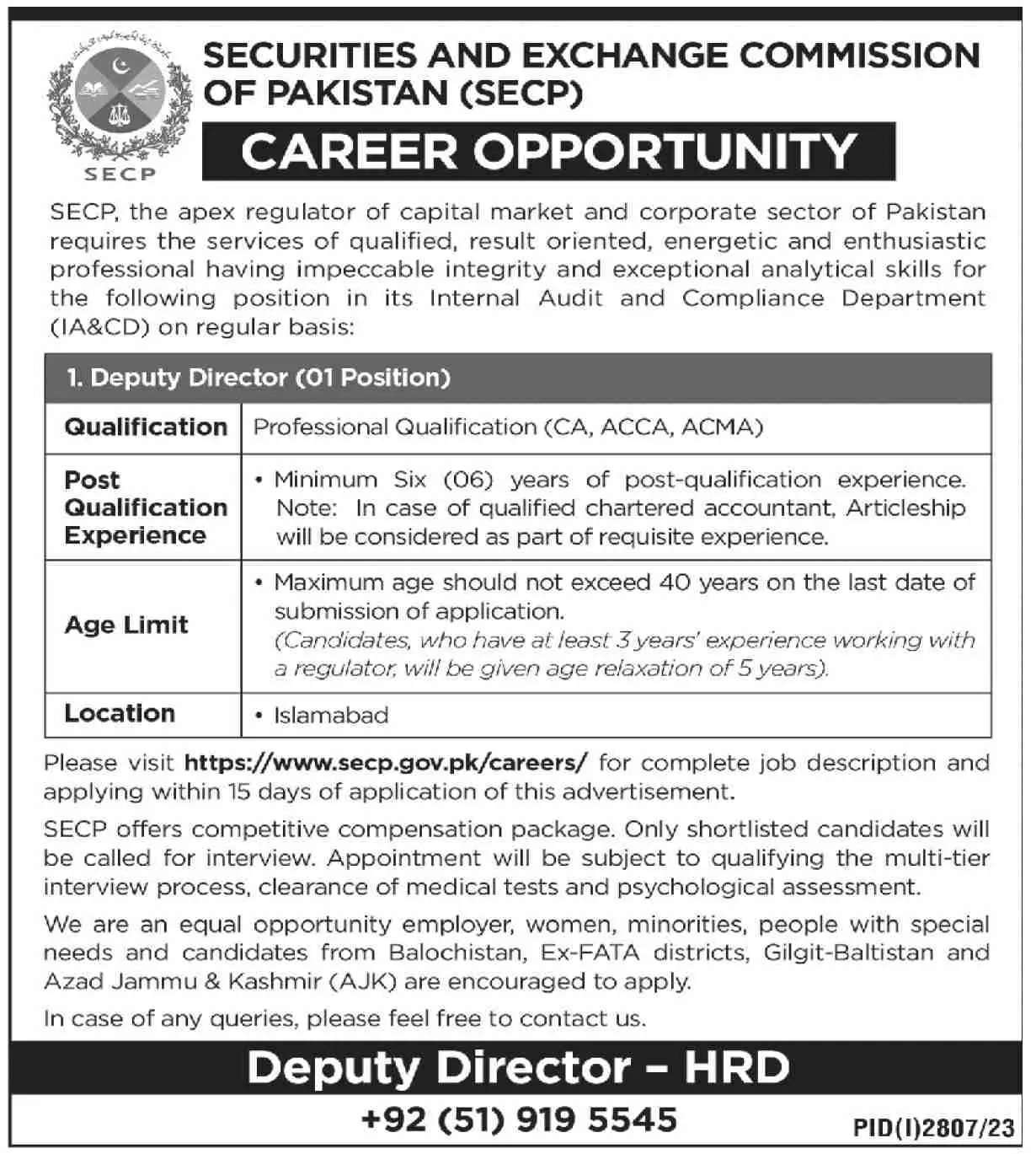 SECP Islamabad Deputy Director Jobs 2023 – Securities & Exchange Commission of Pakistan Jobs 2023 — original advertisement