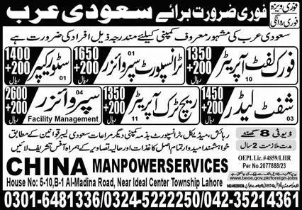 Fork Lift Operator & Transport Supervisor Jobs 2023 – China Manpower Services Jobs 2023 — original advertisement