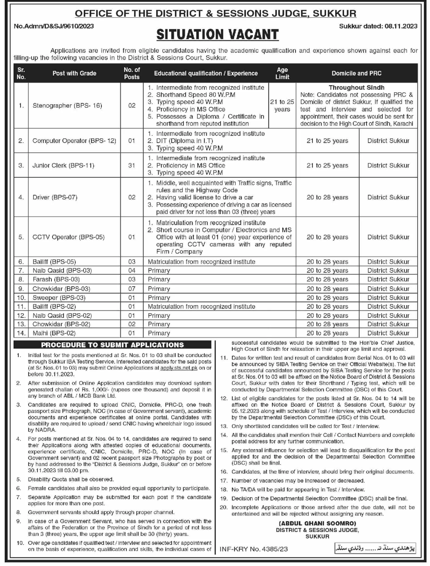 District & Session Judge Sukkur Sindh Jobs 2023 Jobs 2023 — original advertisement