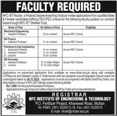 NFC Institute of Engineering & Technology Multan Jobs 2023 Jobs 2023 — original advertisement