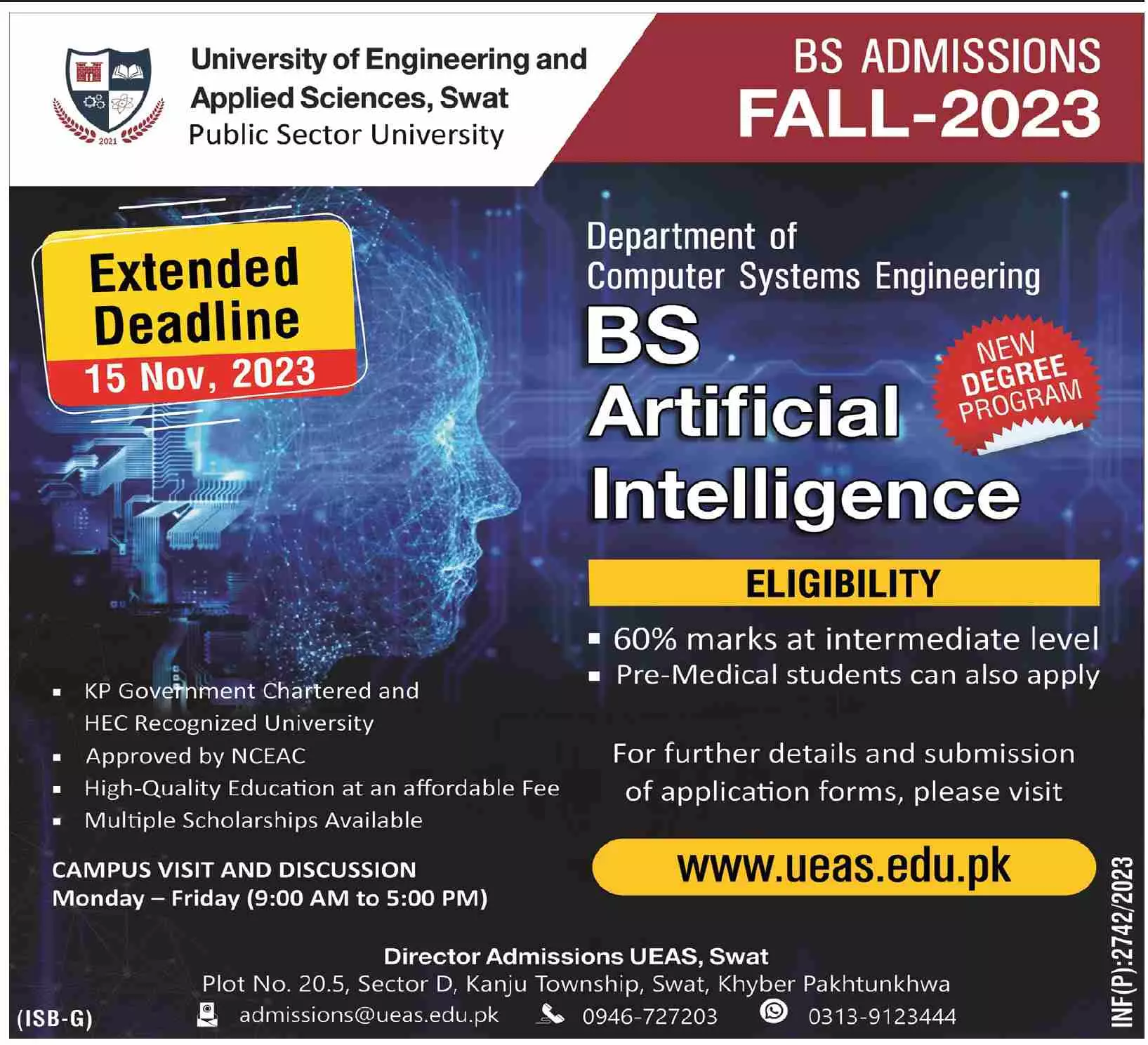 University of Engineering And Applied Science Swat Admission – University Of Engineering & Applied Sciences Swat Admissions 2023 — original advertisement