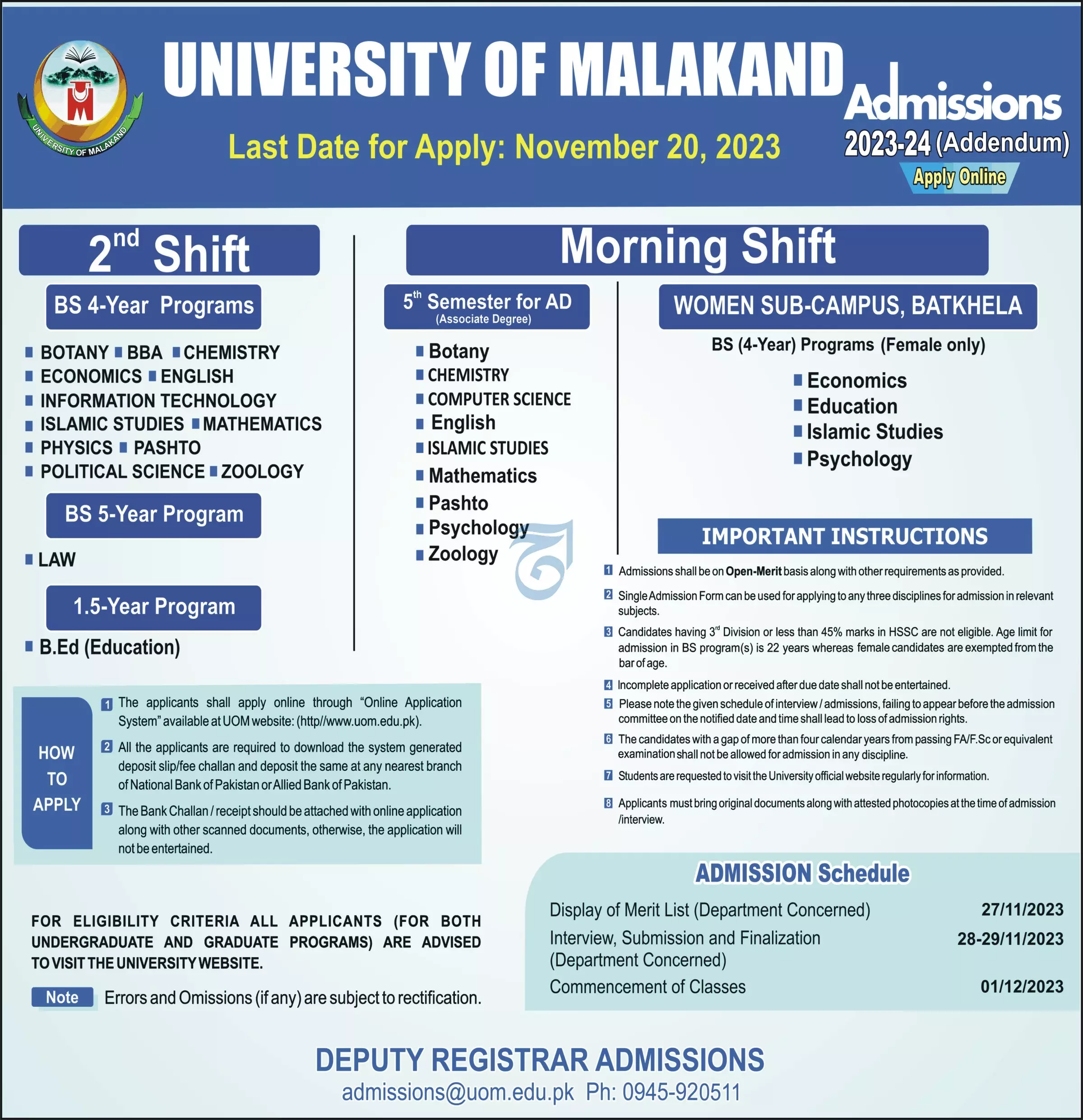 University of Malakand Admissions 2023-24 – University of Malakand lower Dir Admissions 2023 — original advertisement