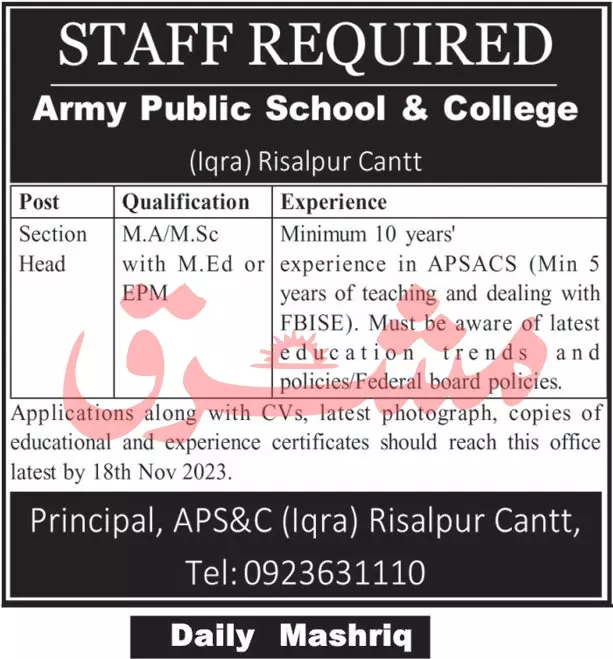 Army Public School & College Section Head Jobs 2023 – Army Public School & College Paksitan Jobs 2023 — original advertisement