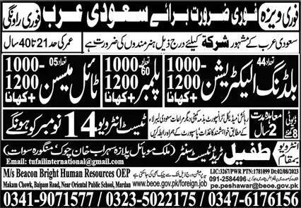 Plumber & Tile Mason Jobs 2023 In Saudi Arabia – Tufail Trade Test Center Jobs 2023 — original advertisement