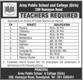 Army Public School & College APS&C Rawalpindi Jobs 2023 – Army Public School & College Paksitan Jobs 2023 — original advertisement