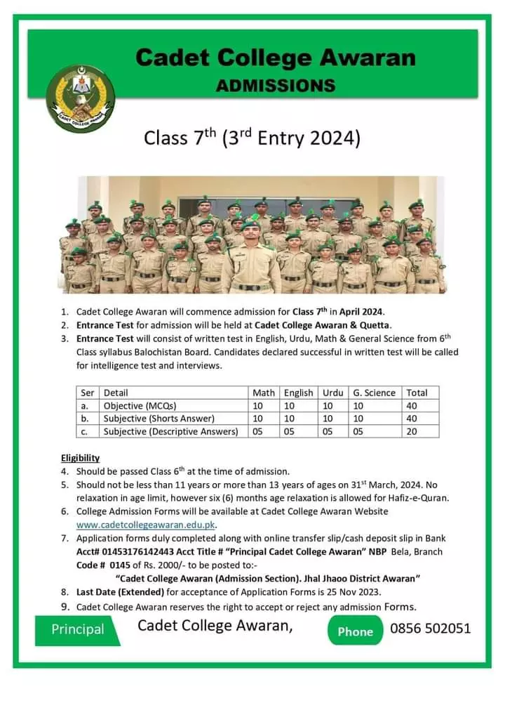 Cadet College Awaran Admission 2023 Admissions 2023 — original advertisement