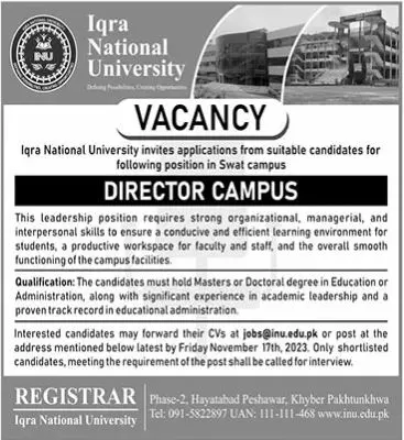 Iqra National University Swat Jobs 2023 – IQRA National University Swat Campus Jobs 2023 — original advertisement