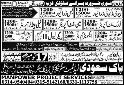 Main Lift Operator & Excavator Operator Jobs 2023 – Pak Saudi Trade Test & Technical Training Center Jobs 2023 — original advertisement