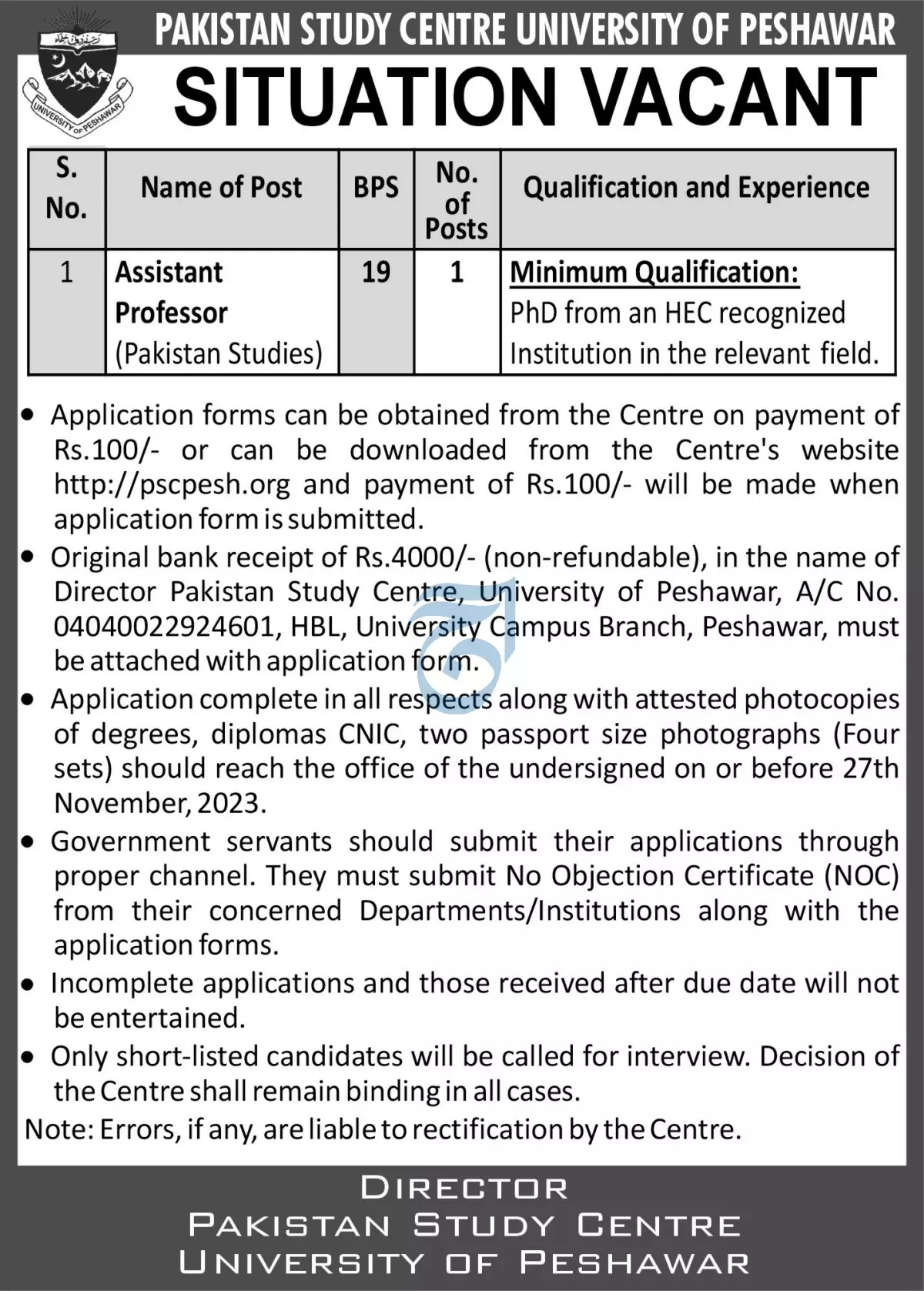Pak Study Centre University of Peshawar Jobs 2023 Jobs 2023 — original advertisement