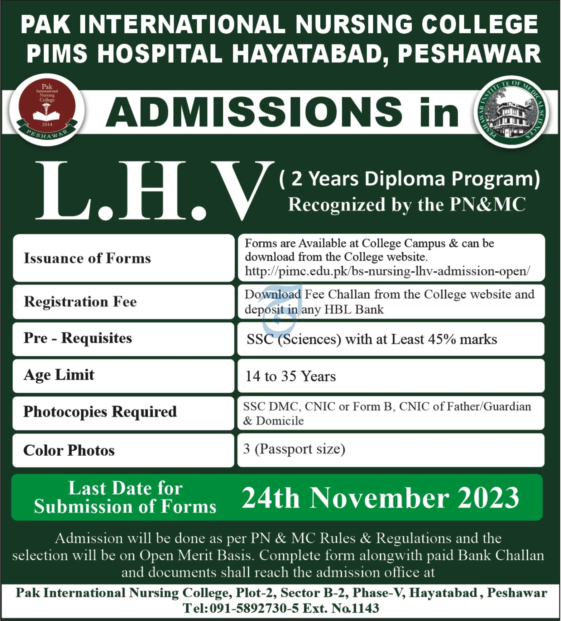 Pak National Nursing College Pims Hospital Admissions 2023 – Pak International Medical College Admissions 2023 — original advertisement