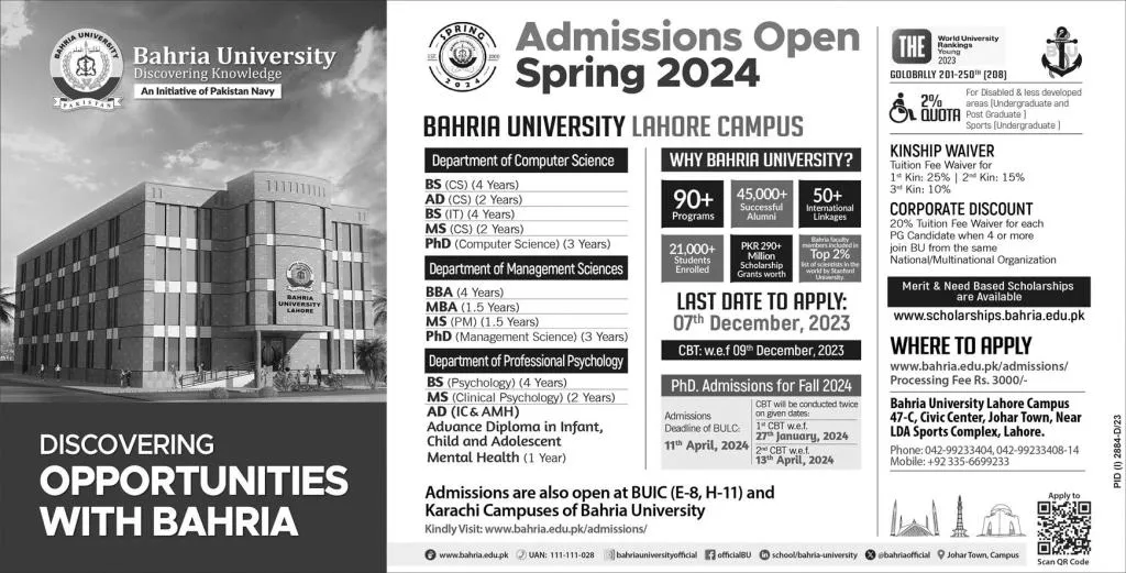 Bahria University Lahore Campus Admissions open Spring 2024 Admissions 2023 — original advertisement