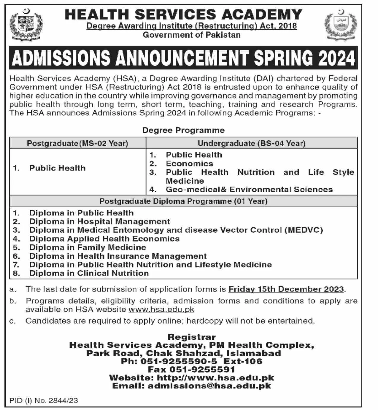 Health Services Academy Islamabad Admissions 2024 Admissions 2023 — original advertisement