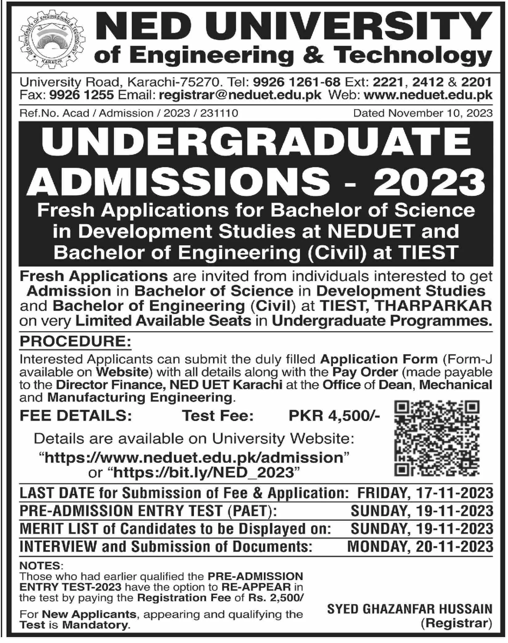 Ned University of Engineering And Technology Admissions Admissions 2023 — original advertisement