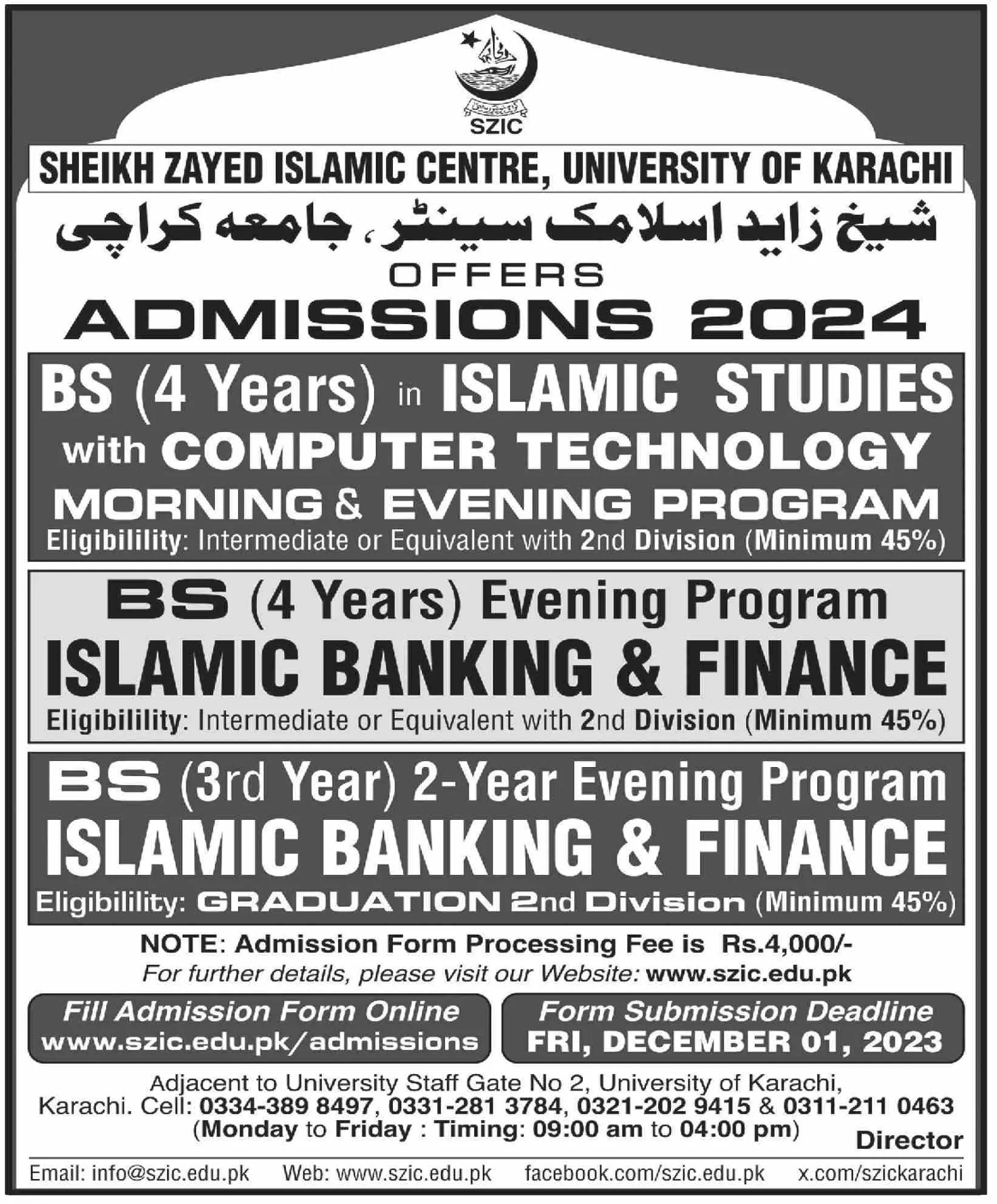 Sheikh Zayed Islamic Centre University of Karachi Admissions Admissions 2023 — original advertisement