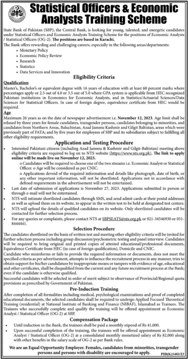 State Bank Of Pakistan SBP Training Scheme Jobs 2023 Jobs 2023 — original advertisement