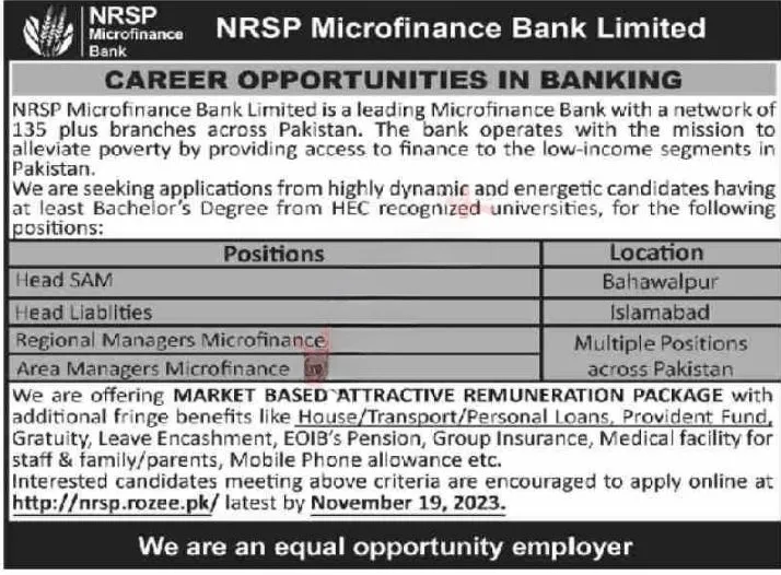 NRSP Microfinance Bank Limited Bank Bahawalpur Jobs 2023 – National Rural Support Program NRSP Jobs 2023 — original advertisement