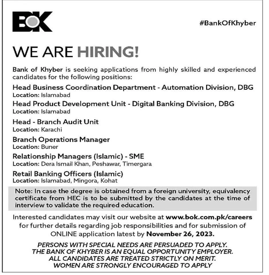 Bank Of Khyber BOK Karachi Jobs 2023 Jobs 2023 — original advertisement